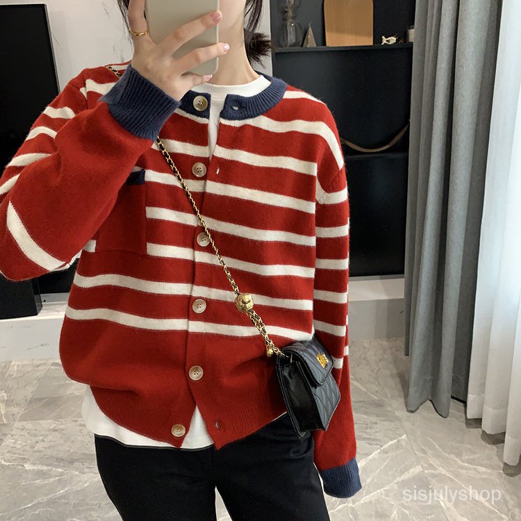 #Sisjuly# Wanita Striped Button Cardigan Longgar Preppy Lengan Panjang Jaket Sweater Rajut