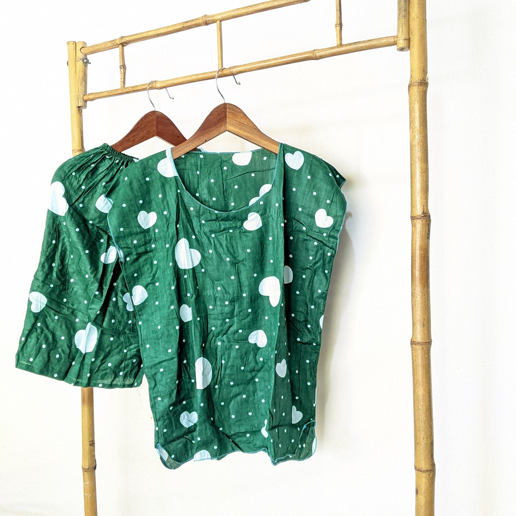Baju Tidur Tanpa Lengan Piyama Krill Setelan Midi Homewear Homey Dress Baby Doll Dewasa Nyaman Di Rumah Santai WFH Rayon One Set Pajamas-love green