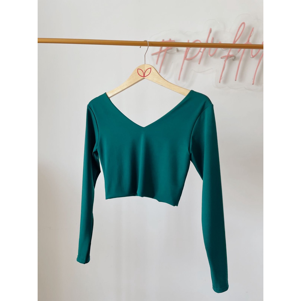 [LC] Pluffyschoice Venice CROP Top V-neck Atasan Wanita Lengan Panjang Bahan Jersey S-XXL Bigsize-TEAL GREEN