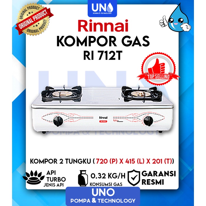 Rinnai Kompor Gas Stainless Steel 2 Tungku Api Turbo RI 712 T / RI-712 T / RI712T