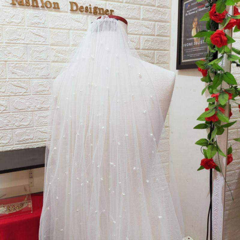 custom order full pearl floor length wedding veil kerudung pengantin slayer