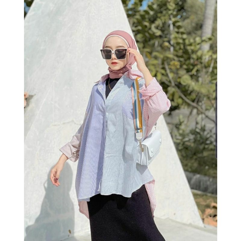 Kemeja wanita casual kombinasi - lengan panjang longgar model versi baju kemeja Korea - salur - kotak-2