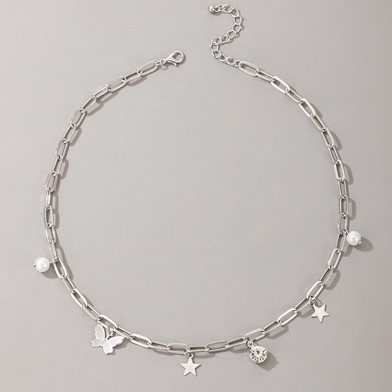 Kalung Rantai Klavikula Desain Butterfly Star Disk Single Layer Aksen Mutiara Berlian Gaya Hip Hop
