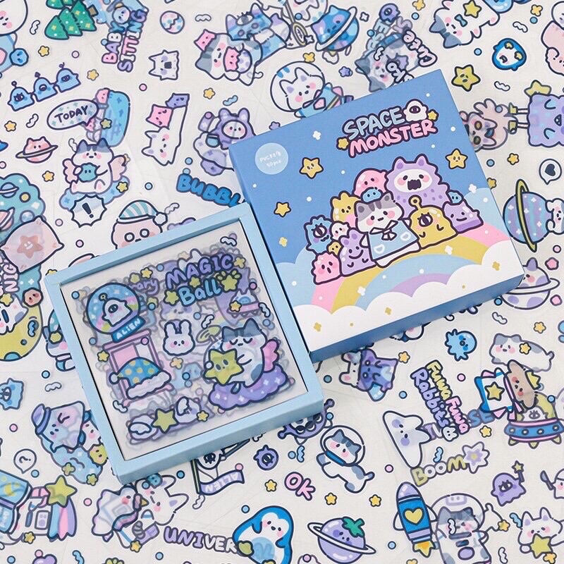 READY STOCK BISA COD - SPACE MONSTER 1 LEMBAR STIKER LUCU AESTHETIC DECO PLANNER DIARY BUNGA SCRAPBO