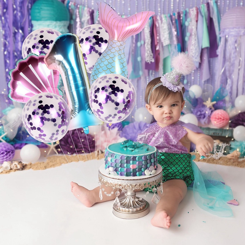 7pcs / Set Balon Foil Angka Bentuk Ekor Mermaid Untuk Dekorasi Pesta Ulang Tahun / Baby Shower