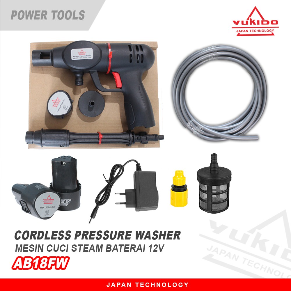 TURUN HARGA!! JET CLEANER CORDLESS - MESIN CUCI MOBIL / MOTOR BATERAI - YUKIDO JET CLEANER CORDLESS 18V DUA BATERAI - AB18FW - STEAM CORDLESS