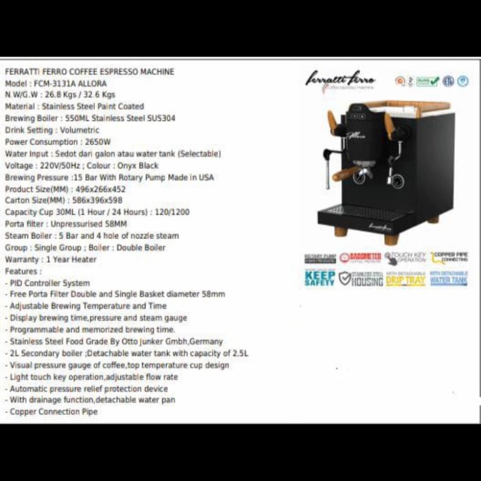 Mesin Kopi Espresso Ferro FCM-3131A Hitam 2500ml - Kapasitas Besar dengan Kontrol PID