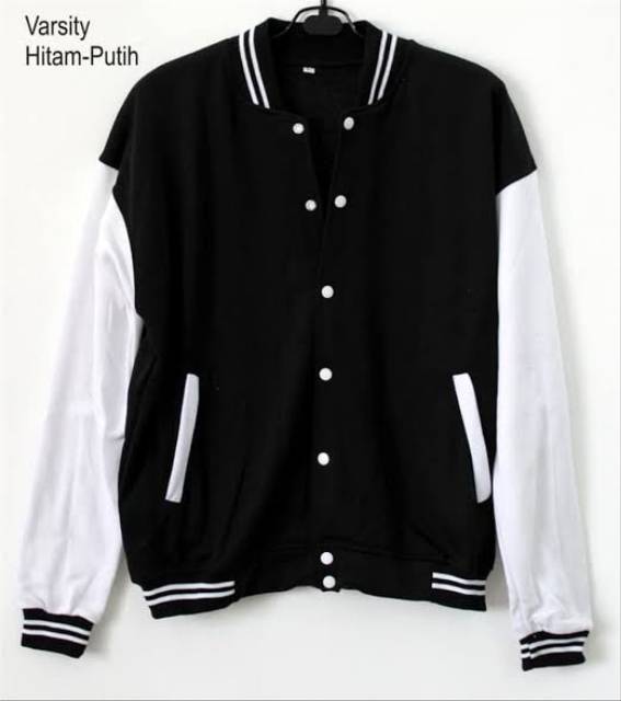 SWEATER_ID Jaket Varsity Baseball  Pria Wanita Hitam-Putih Polos Unisex