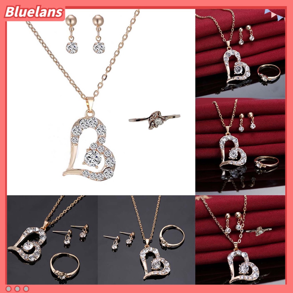 Bluelans Luxury Love Heart Pendant Rhinestone Necklace Ring Earrings Women Jewelry Set