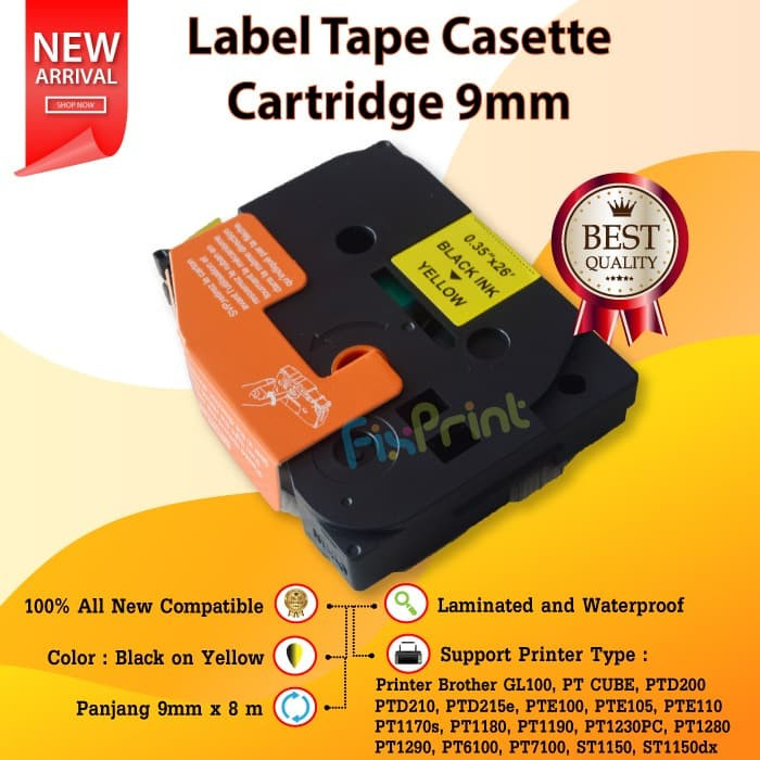 

Label Tape TZE-621 TZE621 621 9mm x 8m Black On Yellow Printer Brother FSB433