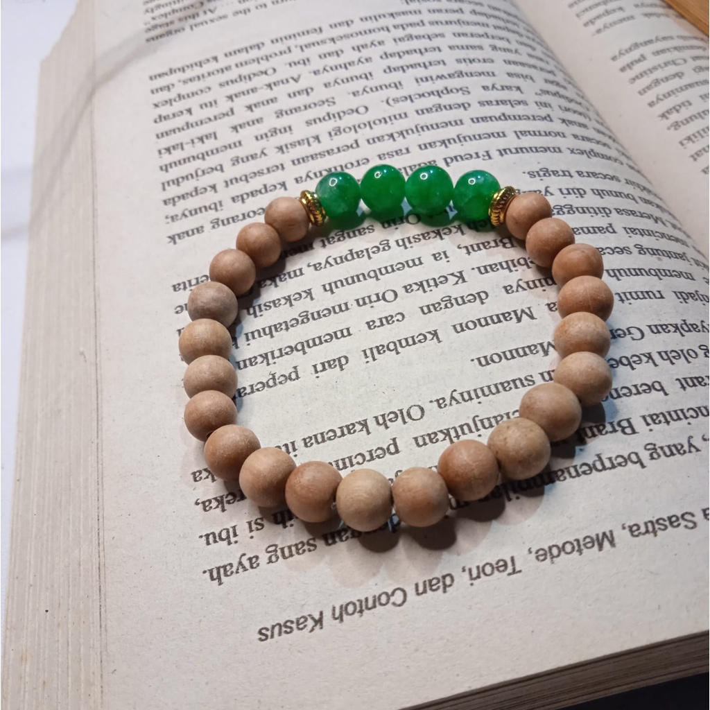 Gelang Batu Original Handmade Kayu Cendana Kombinasi Batu Alam Giok Hijau