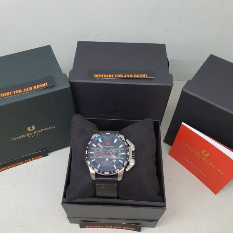 Jam Tangan Pria Charles Jourdan CJ1044-1335C Black Silver Dial Black Leather Cronograph