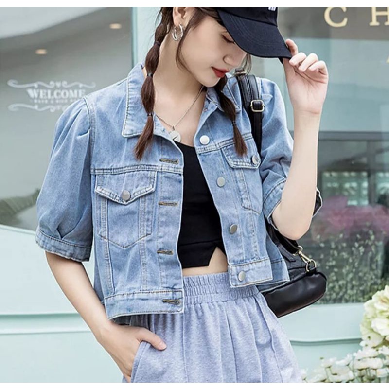 JAKET JEANS CROP WANITA LENGAN BALON