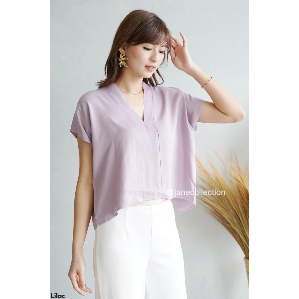 JANE COLLECTION || Olivia Blouse Atasan Casual Wanita V Neck Loose Rayon Lilac Purple XXL Bigsize