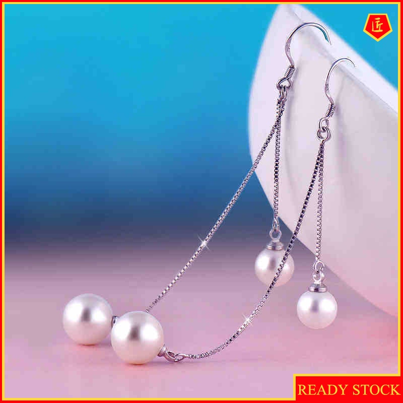[Ready Stock]Silver Elegant Pearl Earrings Women's Long Simple All-Match