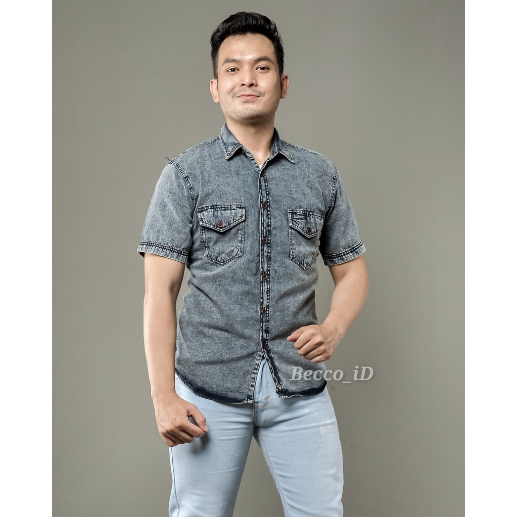 Kemeja Jeans Snow Pendek Original Basic Pria l Kemeja Polos  l Kemeja Kantoran Termurah