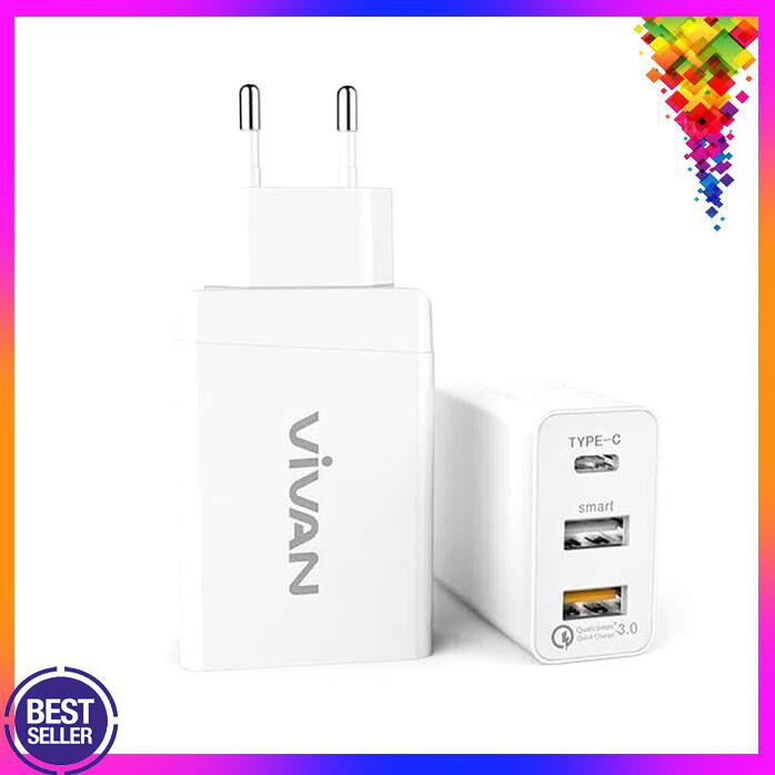 Acc Hp Vivan Dq01S 3 Ports Usb Qualcomm 3.0 Type C Fast Charger Original