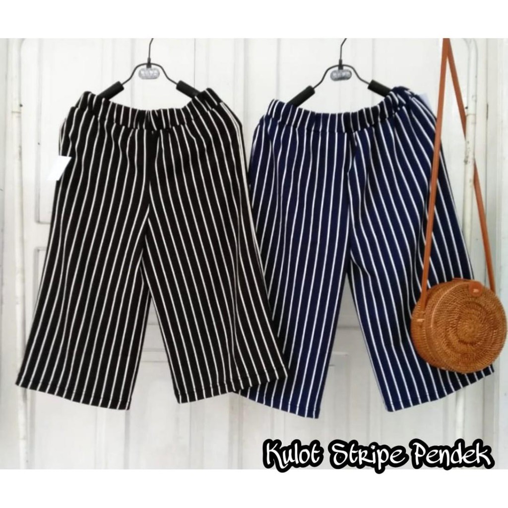 (COD) Celana Kulot Pendek Salur Stripe - Kulot 3/4 7/8 Motif Salur Bahan Crepe Wafel Wanita Murah