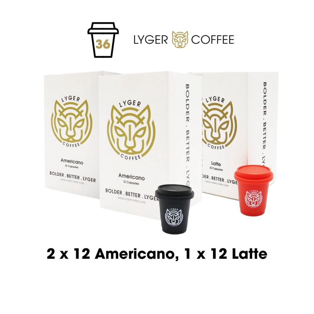 

Lyger Coffee 2 Boxes of 12 Mini Cups Americano and 1 Box Latte Crystallized Coffee