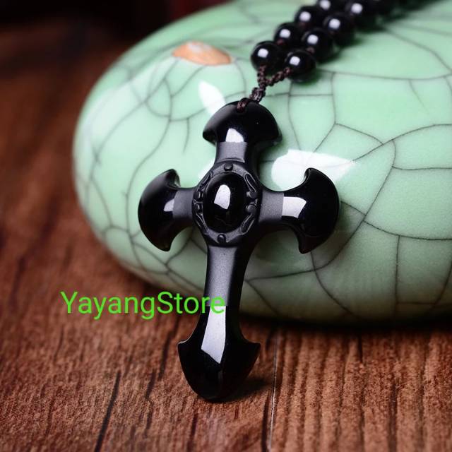 KALUNG SALIB BATU OBSIDIAN HITAM IMPORT