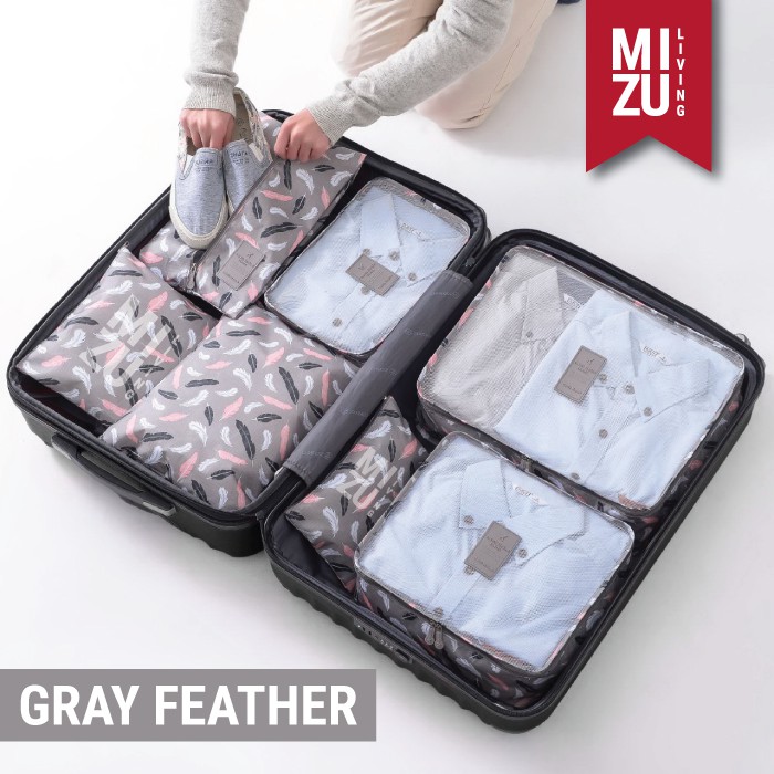 SECRET POUCH Travel Packing Cubes 7in1 Storage Bag Organizer Tas Koper MOTIF-GRAY Feather