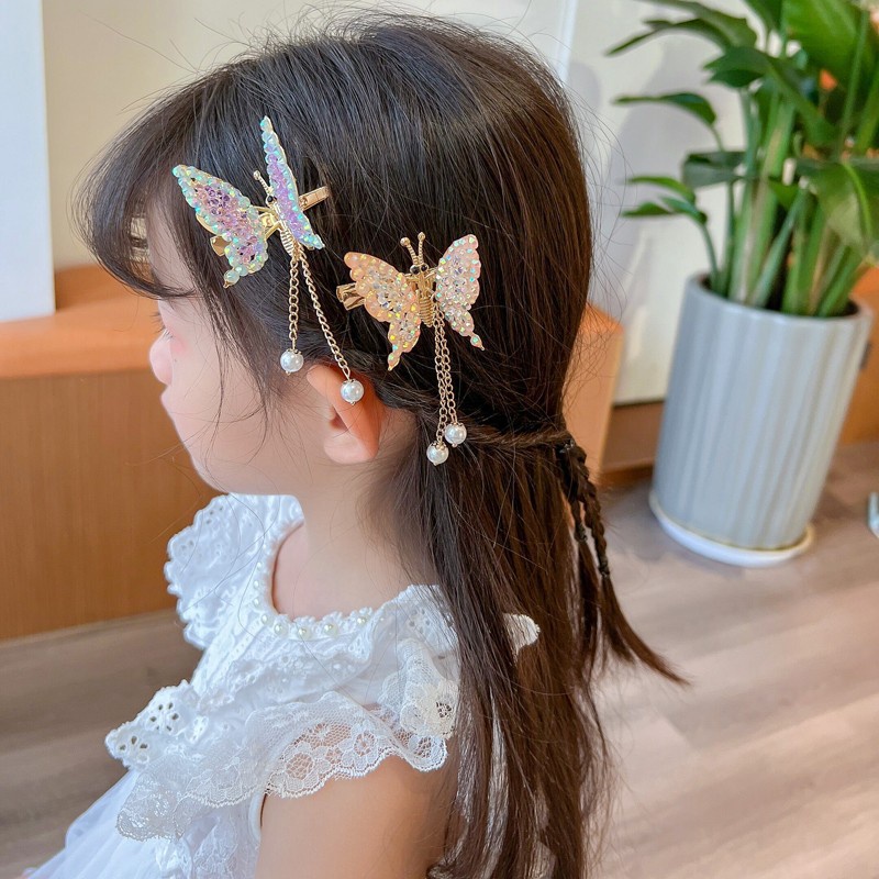 Jepit Rambut Model Butterfly Rumbai Aksen Mutiara Dan Berlian Imitasi Untuk Anak Perempuan