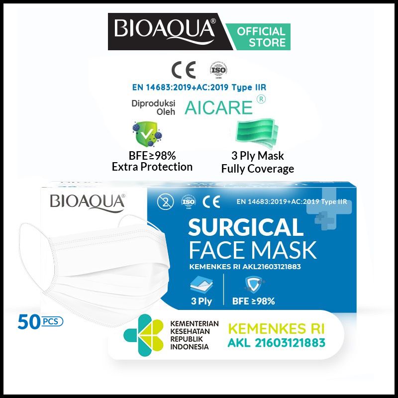 BIOAQUA Surgical Masker Medis 3ply 50pcs Masker Bedah Produksi oleh AICARE izin Edar