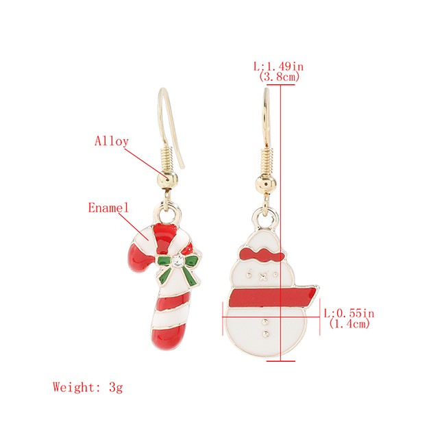 LRC Anting Natal Fashion Christmas Cane Snowman Alloy Dripping Christmas Cane Snowman Asymmetrical