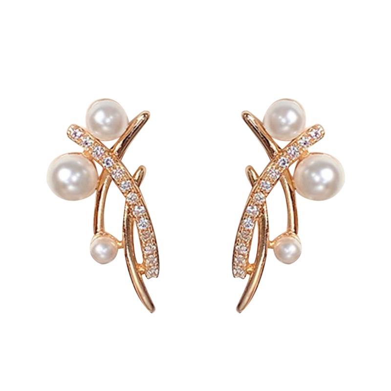 Anting Tindik Desain Garis Silang Aksen Mutiara Warna Emas Untuk Wanita