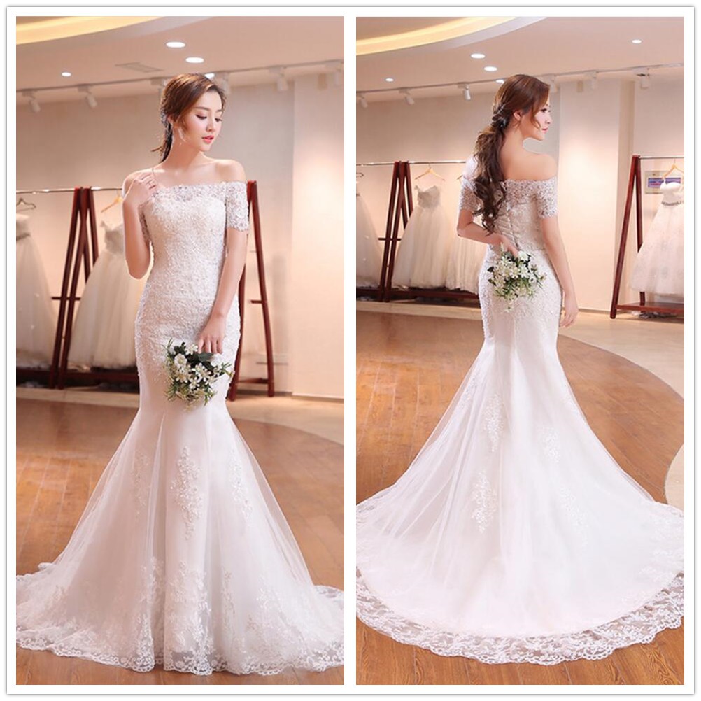 Putih Sabrina Mermaid Wedding Dress Gaun Pengantin Renda Putri Duyung Fishtail Wedding Dress