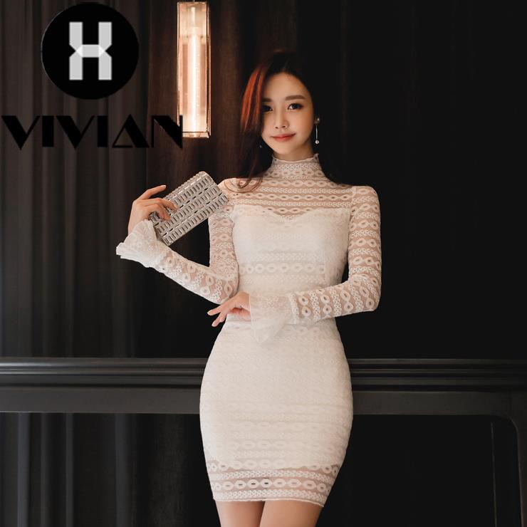 ?VIVIAN?Dress Lace Mini Slim Kerah Tinggi Gaya Korea Musim Gugur untuk Wanita