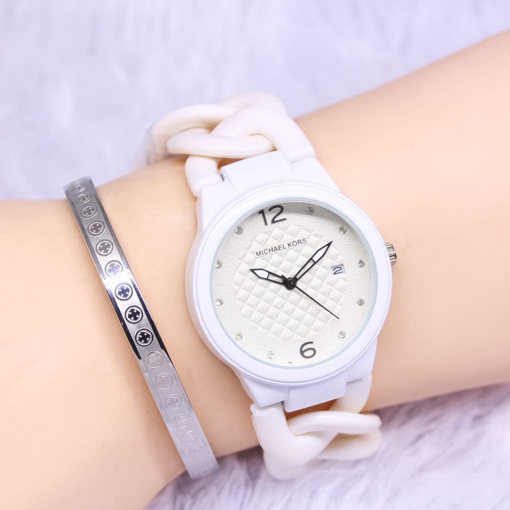 Jam Tangan Wanita Fashion E4903V Tali Rantai Mika Kepang Tanggal Aktif Free Box Gelang &amp; Baterai