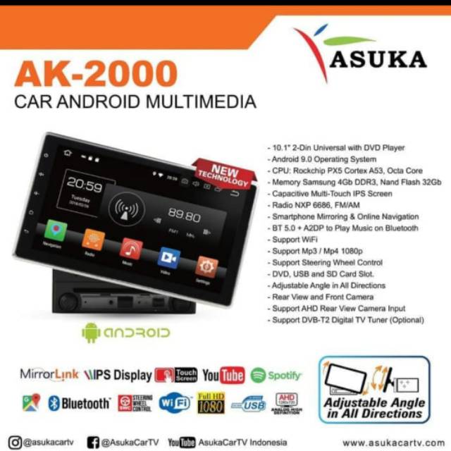 Head unit android Asuka AK 2000 universal 10 inch RAM 4gb Ram 32gb