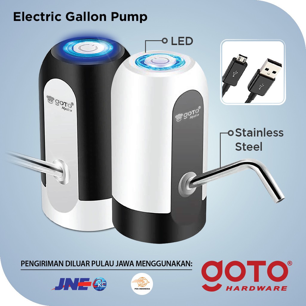 GOTO HYDRO Pompa Galon Elektrik LED Pencetan Air Minum Otomatis Murah Dispenser Alat Pemompa Kompa Galon Baterai Cas Automatic Water Pump Electric USB Charger Portable Recharge Food Grade Warna Hitam Putih Biru Hijau Ungu Pink