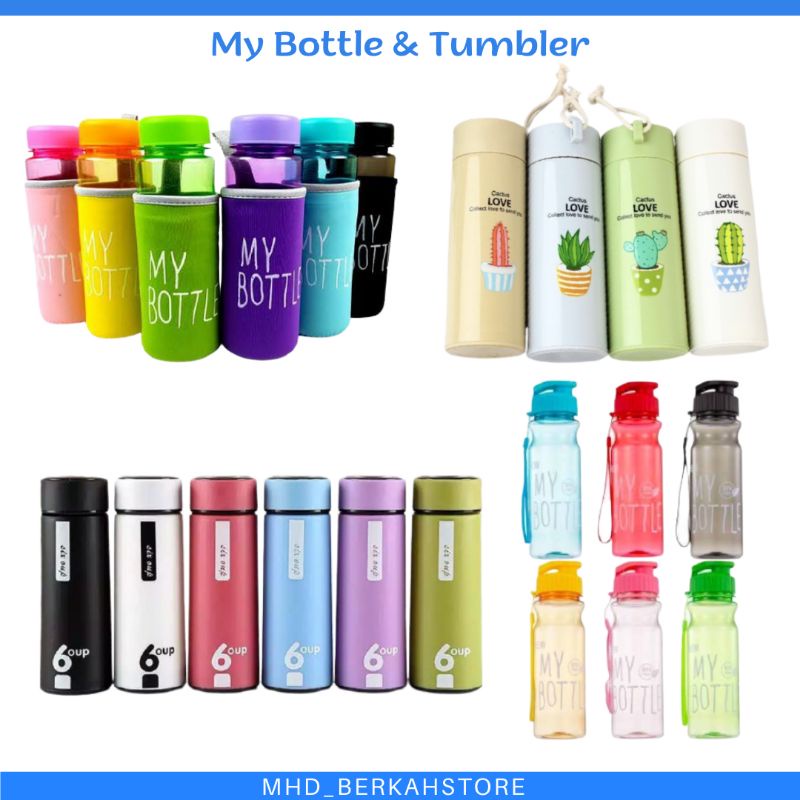 My Bottle Botol Minum BPA Free Sport &amp; Pouch | Termos Tumbler Motif Cactus &amp; 6 OUP 450ml