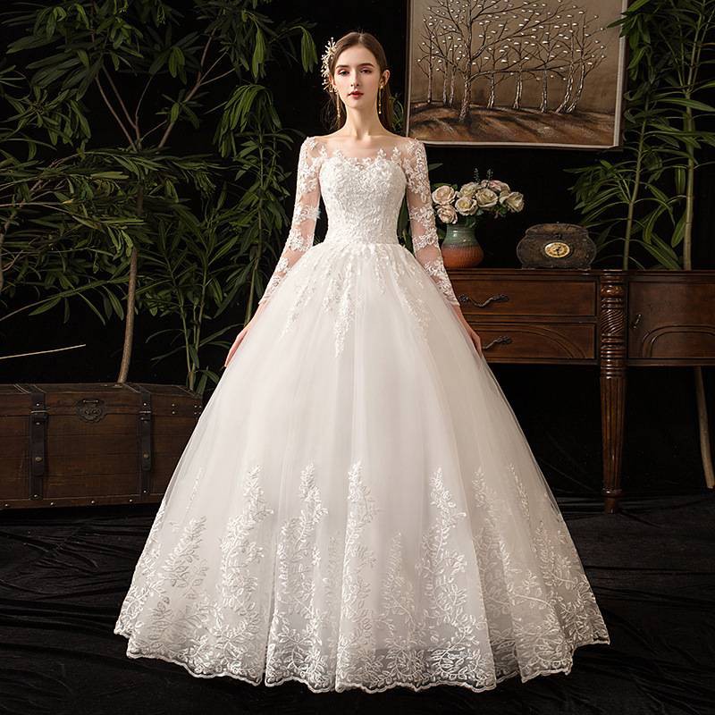 Putih Gaun Pengantin Muslim Lengan Panjang Renda White Lace Long Sleeve Maxi Ball Wedding Dress