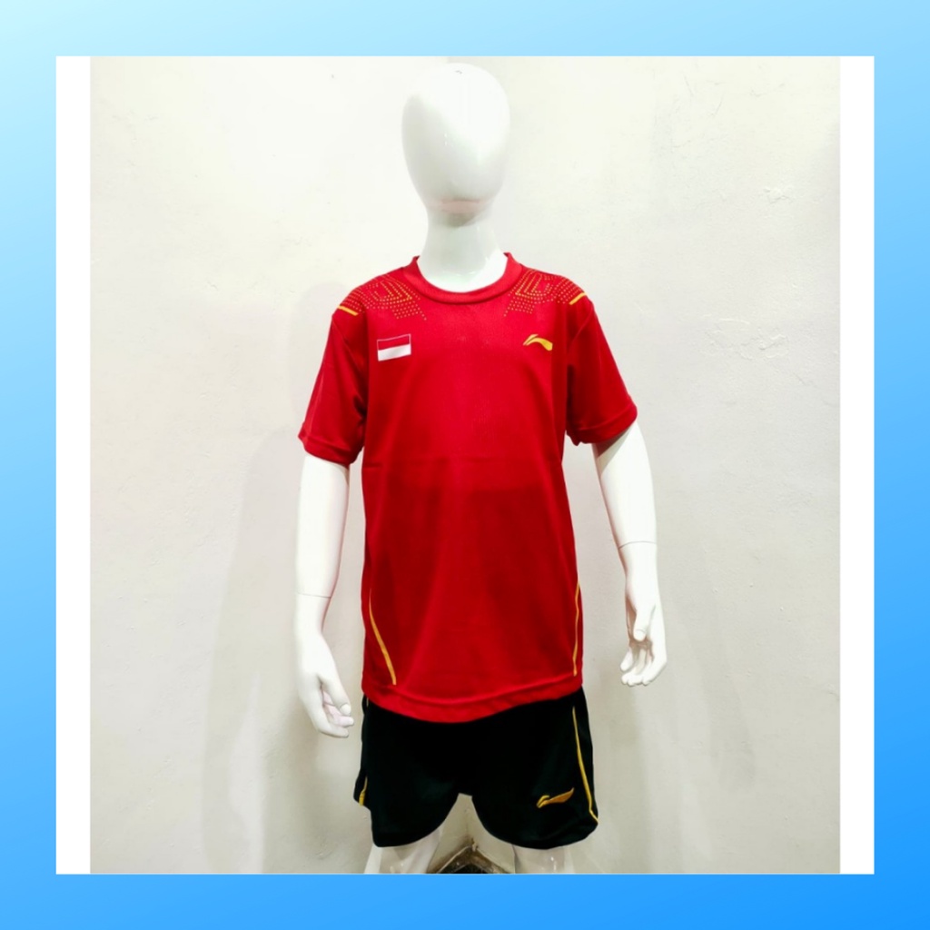 Kaos badminton anak laki-laki jersey bulutangkis baju celana setelan jersy perempuan stelan t-shirt outfit seragam kostum olahraga casual suit pakaian jarsey oblong apparel sports jersi sudirman cup bulu tangkis L155 merah polos