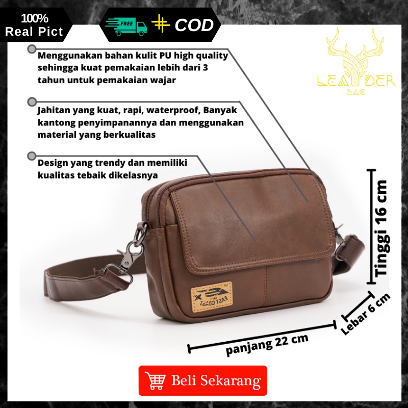 Tas Selempang Kerja Kulit Pria Import Original Model Terbaru Warna Coklat Waterproof | Tas Kecil Slingbag Messenger Kulit Cowok Ori Distro Keren Anti Air Murah Berkualitas 2022 PAULSKY B64