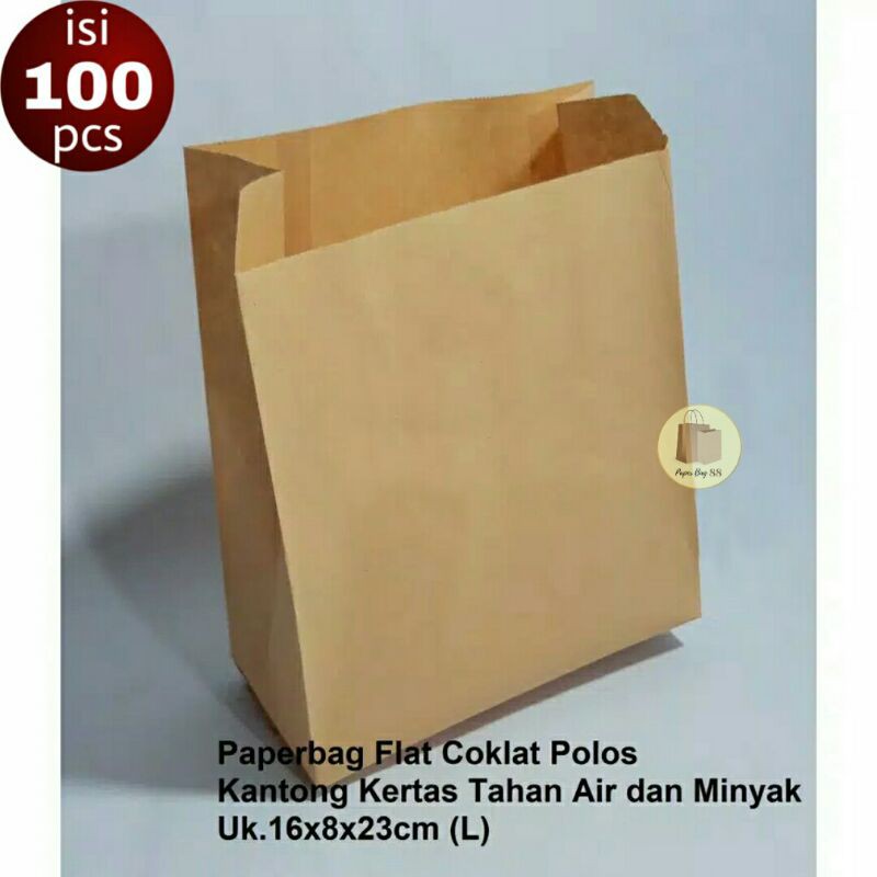 

Paperbag Kantong Kertas Tahan Air Anti Minyak Coklat L 16x8x23 cm (isi 100 pcs)