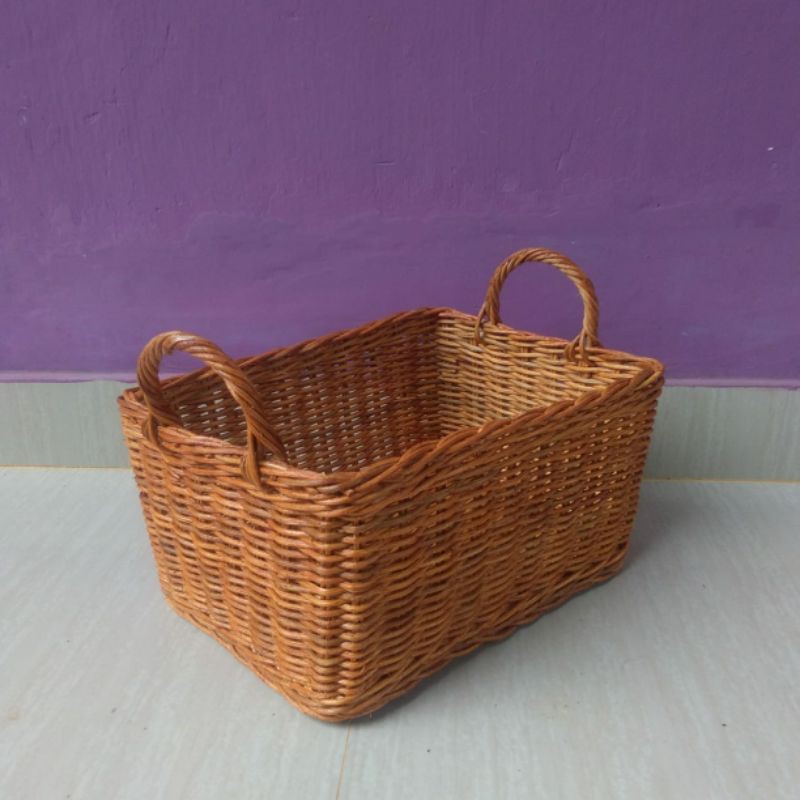 Keranjang rotan handle persegi penyimpanan barang parcel sovenir besar 32x22x16 cm