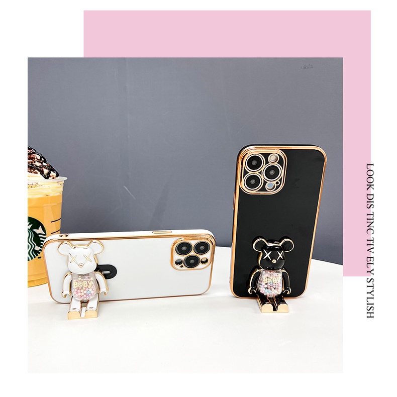 IPHONE Casing Ponsel Plating Persegi 3D Dengan Braket Candy Bear Kompatibel Dengan Iphone6Plus 6s Plus7Plus8Plus xs max xr 11 pro max 12 pro max 13 pro Max14 plus 14pro max