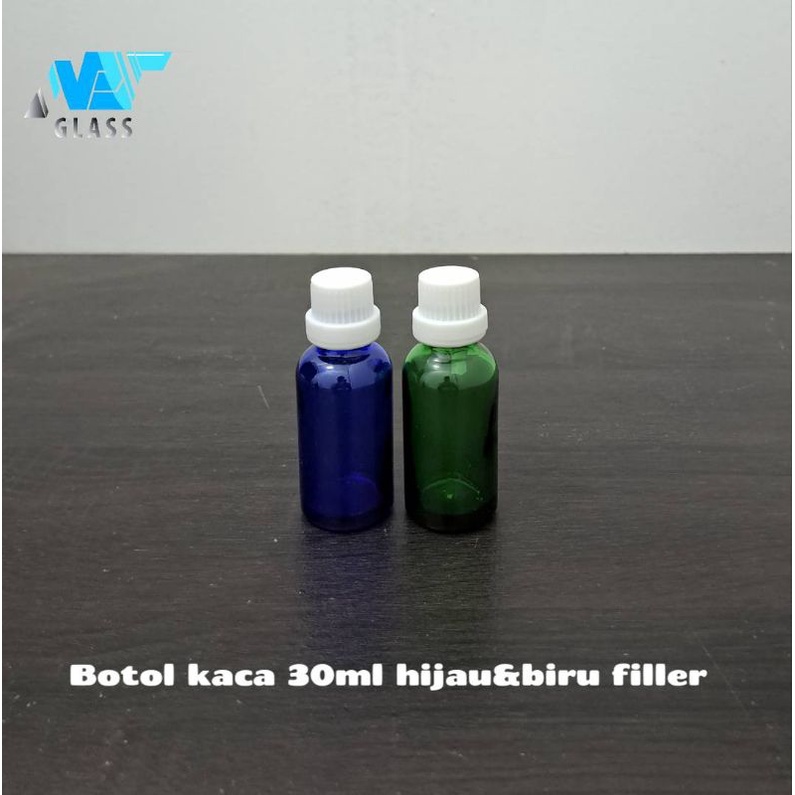 botol kaca 30ml biru hijau tutup filler putih / botol essential oil 30ml