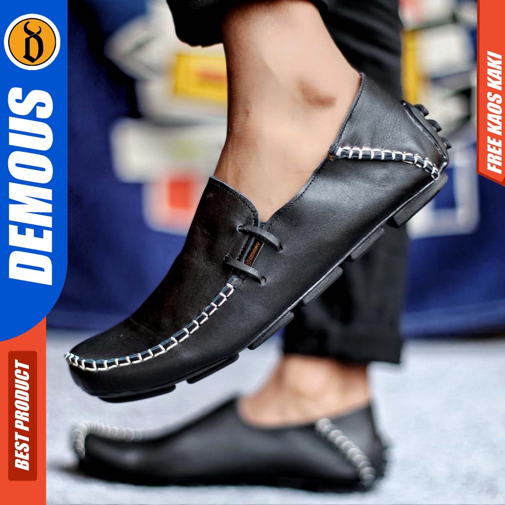 DEMOUS MOCCAS Sepatu Slip on Pria Santai Casual Formal Kulit Asli Kerja Kantor Kuliah Hitam-Coklat