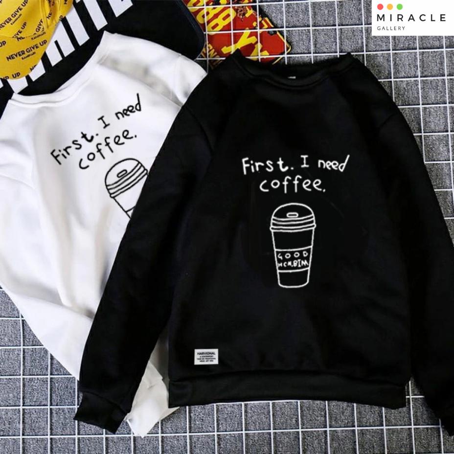 Sweater Oblong Crewneck Couple / Baju Pasangan FIRST COFFEE  Bahan Fleece Premium