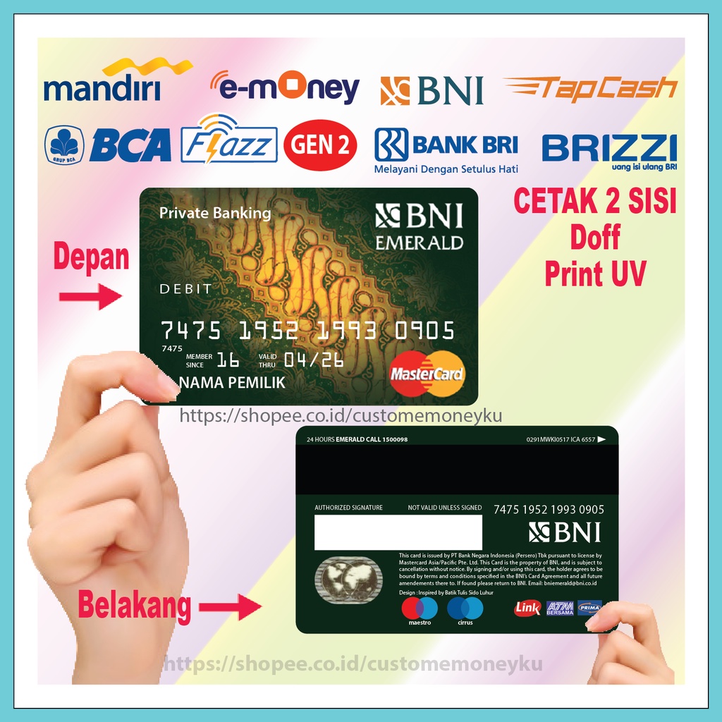 KARTU EMONEY DESIGN BNI EMERALD BATIK HIJAU E-MONEY MANDIRI FLAZZ BCA GEN 2 TAPCASH BRIZZI 2 SISI