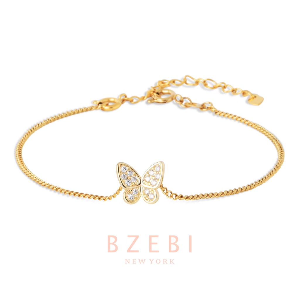 Bzebi Gelang Tangan Rantai Lapis Emas Aksen Batu Zircon Butterfly Adjustable Untuk Wanita 196b