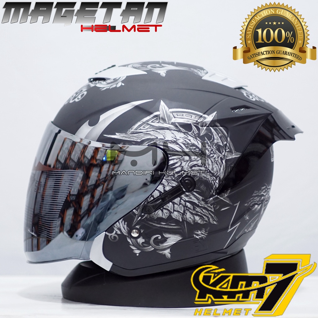 (Paket ganteng spoiler) HELM KM7 SEVEN KING BLACK GLOSSY SILVER-BK/SIL DF + Spoiler