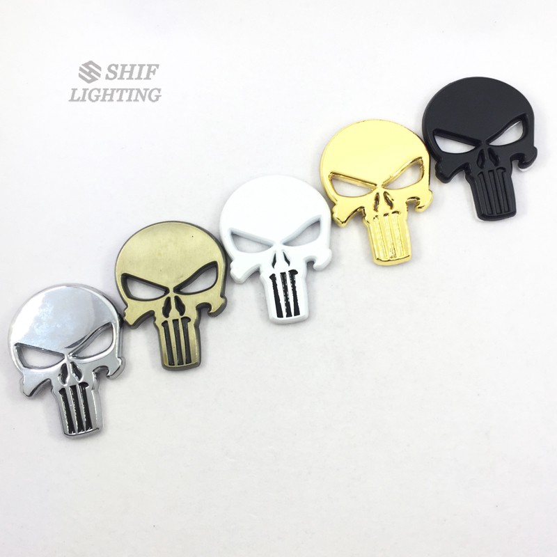 1Pc Stiker Emblem / Badge Motif Punisher Tengkorak 3D Bahan Metal untuk Body Mobil