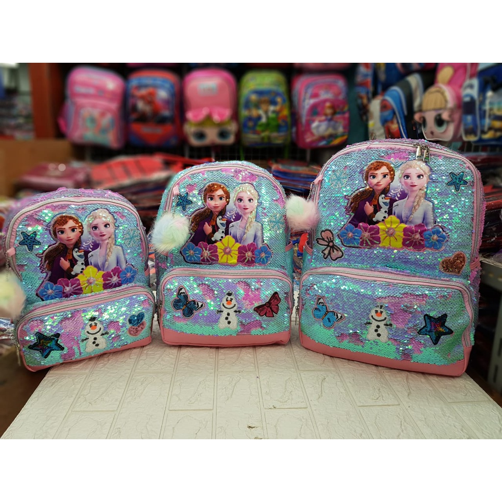 Tas Sekolah Anak SD dan TK Paud Model Sequin Usap Gambar Unicorn LOL Frozen Tas Ransel Anak SD TK PG Perempuan Free Pompom