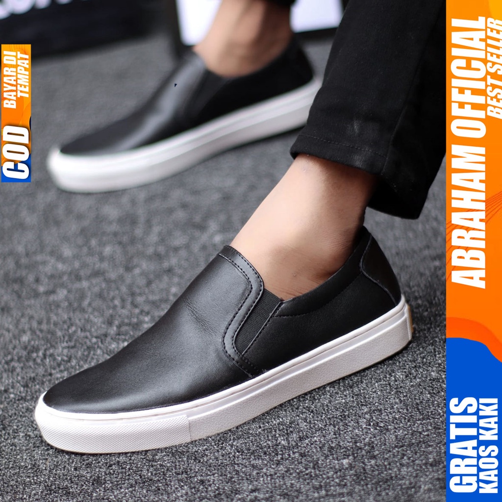 ABRAHAM Sepatu Slip On Casual Kulit Asli Hitam Pria